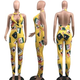 image-Women Leotard Deep V Sleeve Printed Backless Halter High Waist Ladies