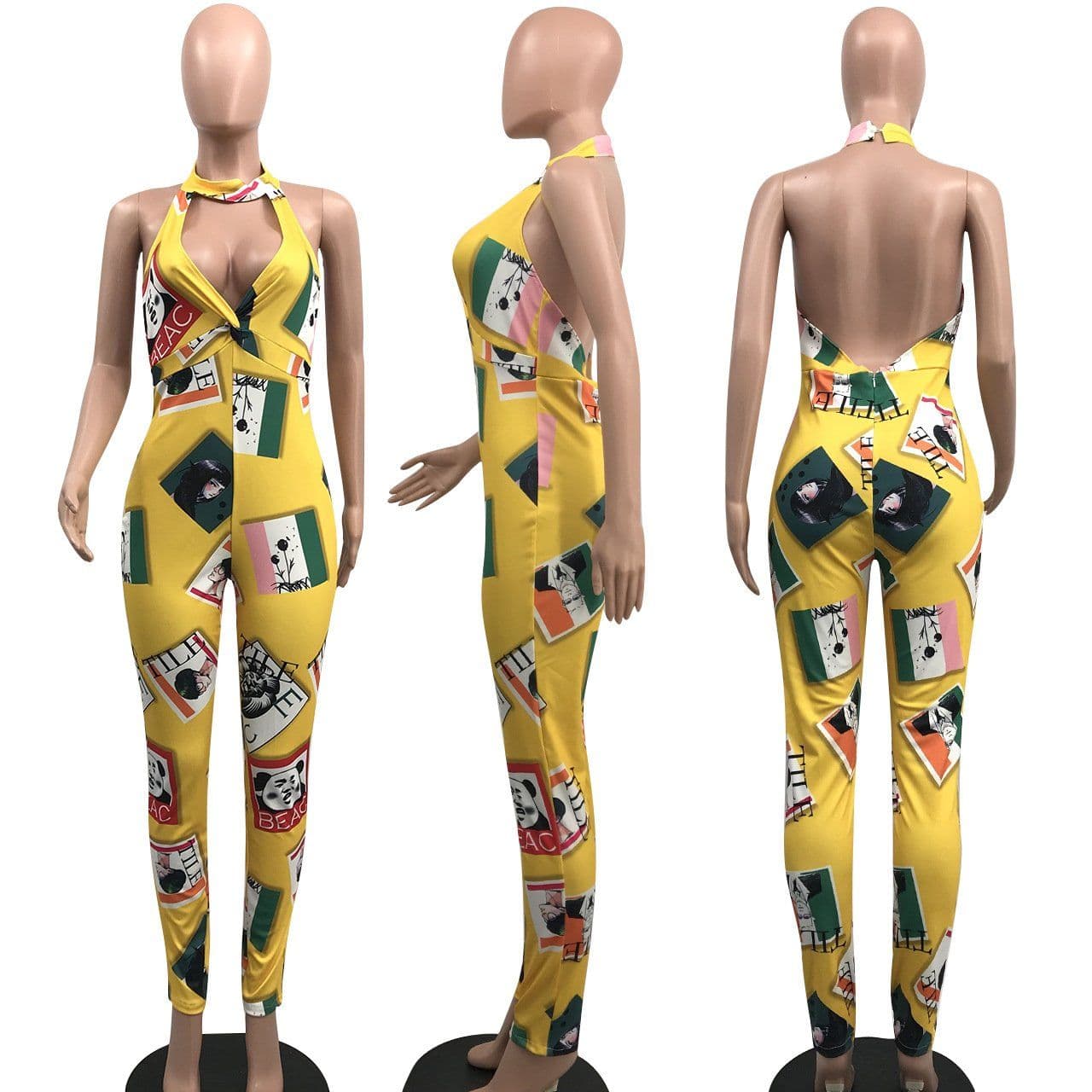 image-Women Leotard Deep V Sleeve Printed Backless Halter High Waist Ladies