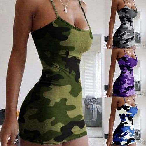 image-Sexy Women Sleeveless Spaghetti Straps Camouflage Print Party Bodycon