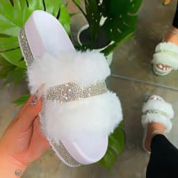 image-Cute Women Fur Slides Lady Furry Slippers Bling Rhinestone Summer