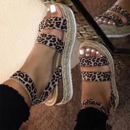 image-Women Sandals Leopard Retro Hemp Flat Platform Ladies Summer Wedges