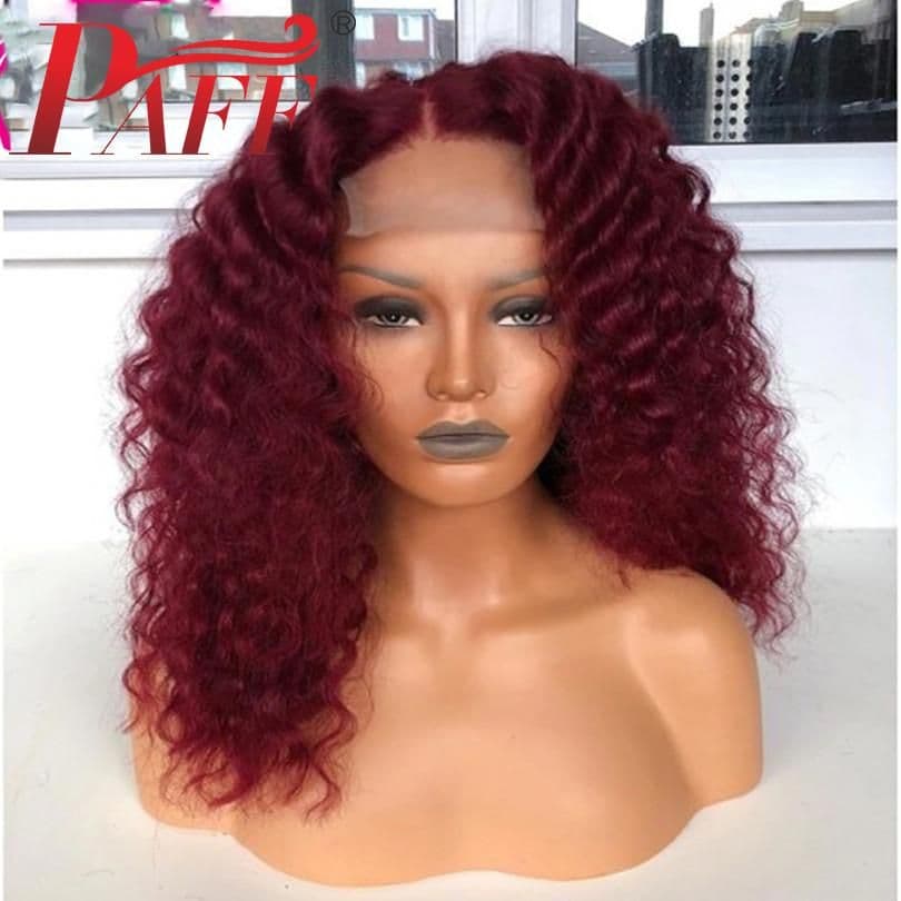 image-PAFF 99J Burgundy Red Short Human Hair Wigs Pre Plucked Curly Red Lace