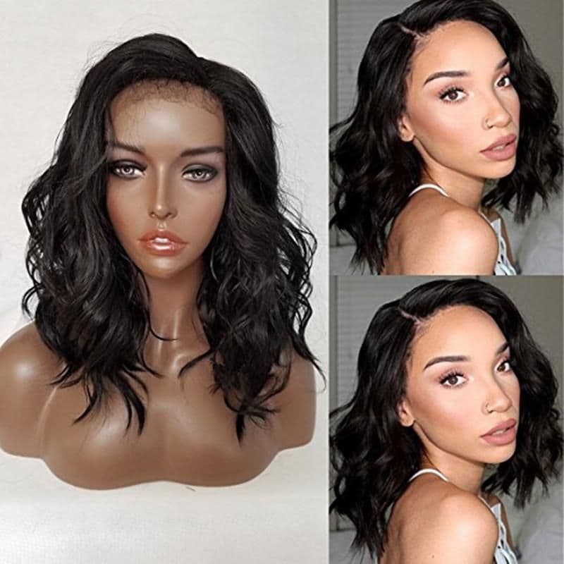 image-Short Bob Wavy Lace Front Wigs Natural Black Color Body Wave Synthetic