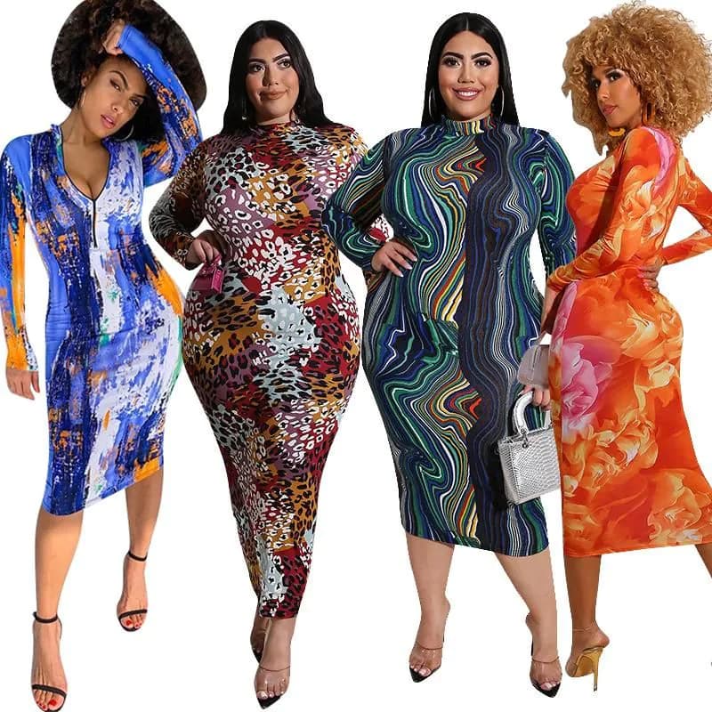 image-Plus Size Women Clothing Dresses Oversized Maxi Printed Tight-fitting