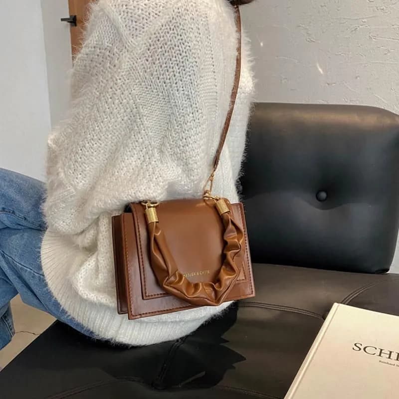 image-Women Pleated Handbag Tote Retro Stone Pattern PU Leather Lady Flap