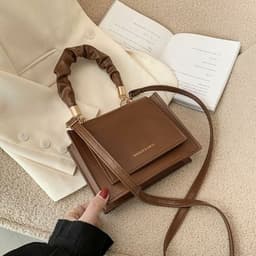 image-Women Pleated Handbag Tote Retro Stone Pattern PU Leather Lady Flap
