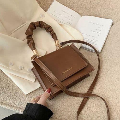 image-Women Pleated Handbag Tote Retro Stone Pattern PU Leather Lady Flap