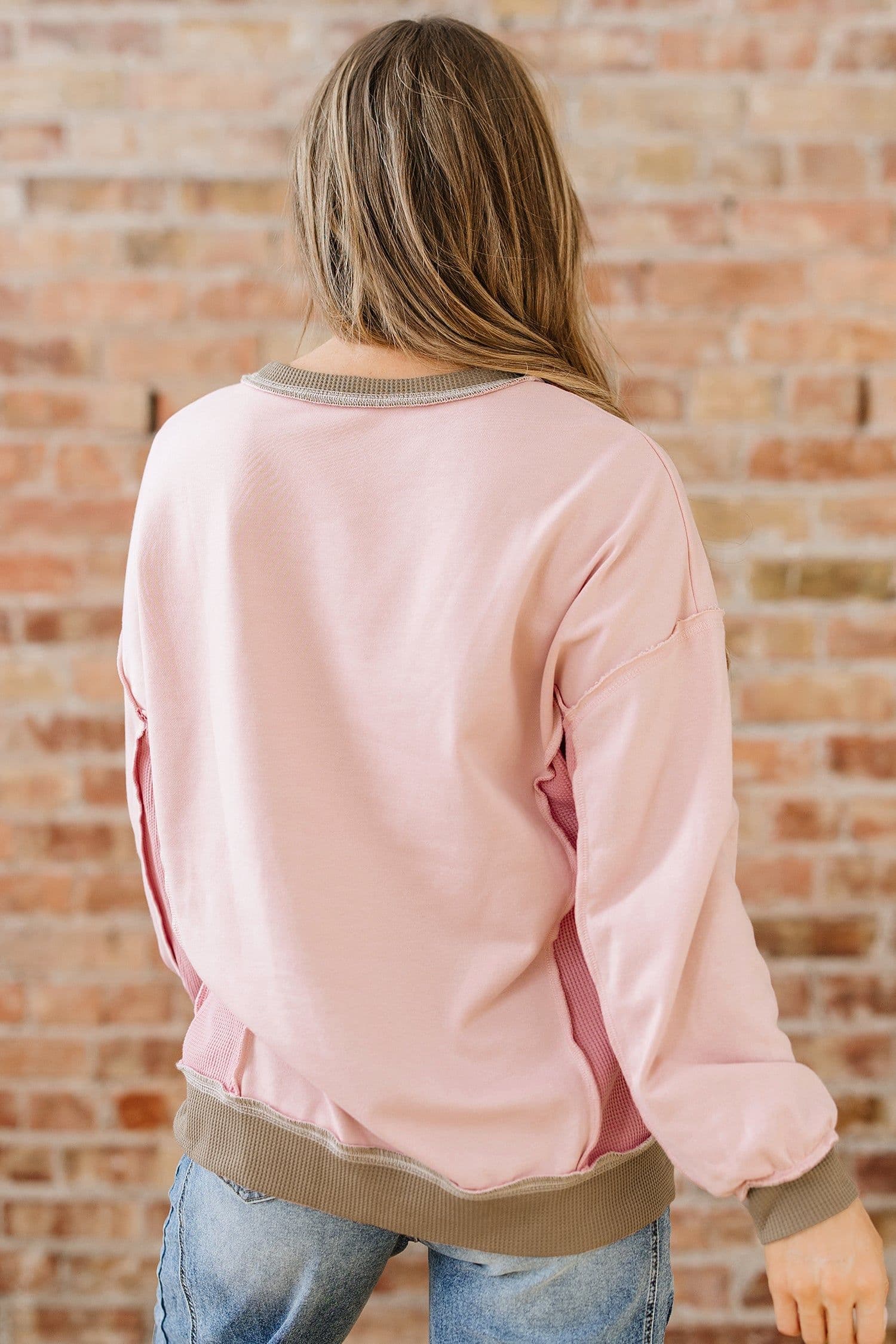 image-Wild Wind Color Block Waffle Patchwork Sweatshirt