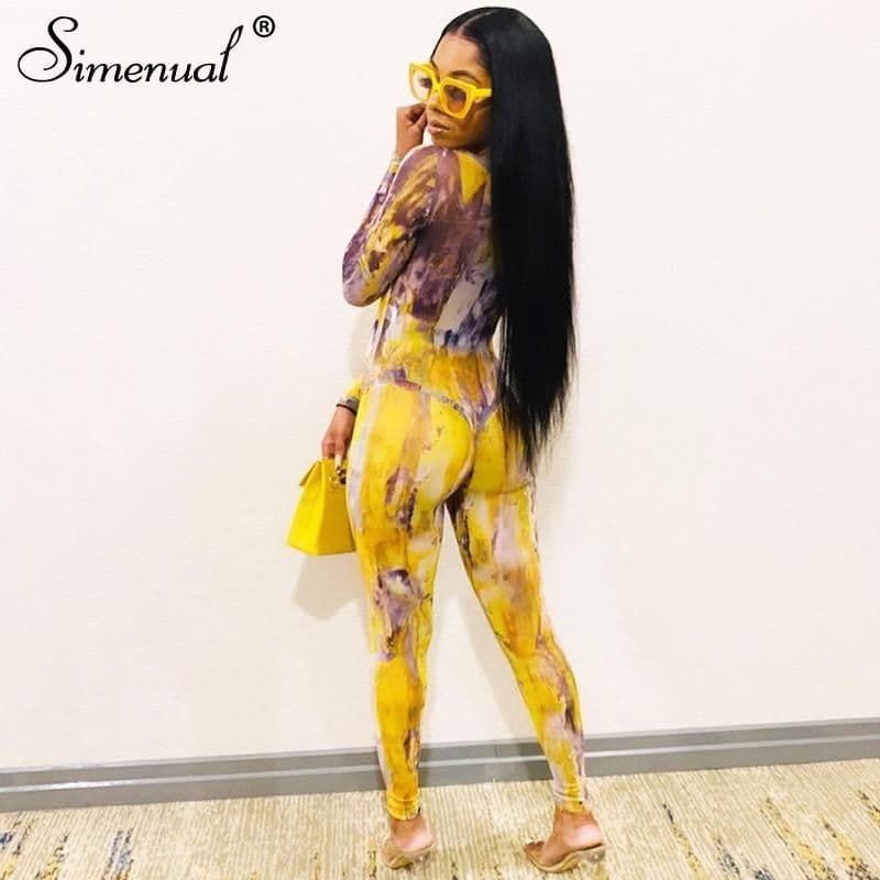 image-Tie Dye Mesh Bodysuit And Pants Two Piece Women Sets Long Sleeve Sexy