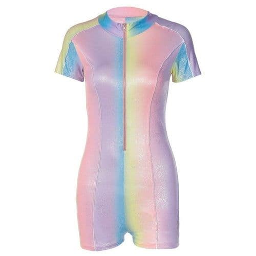 image-Rainbow Zipper Sporty Sequin Women Playsuits Casual Fashion Short