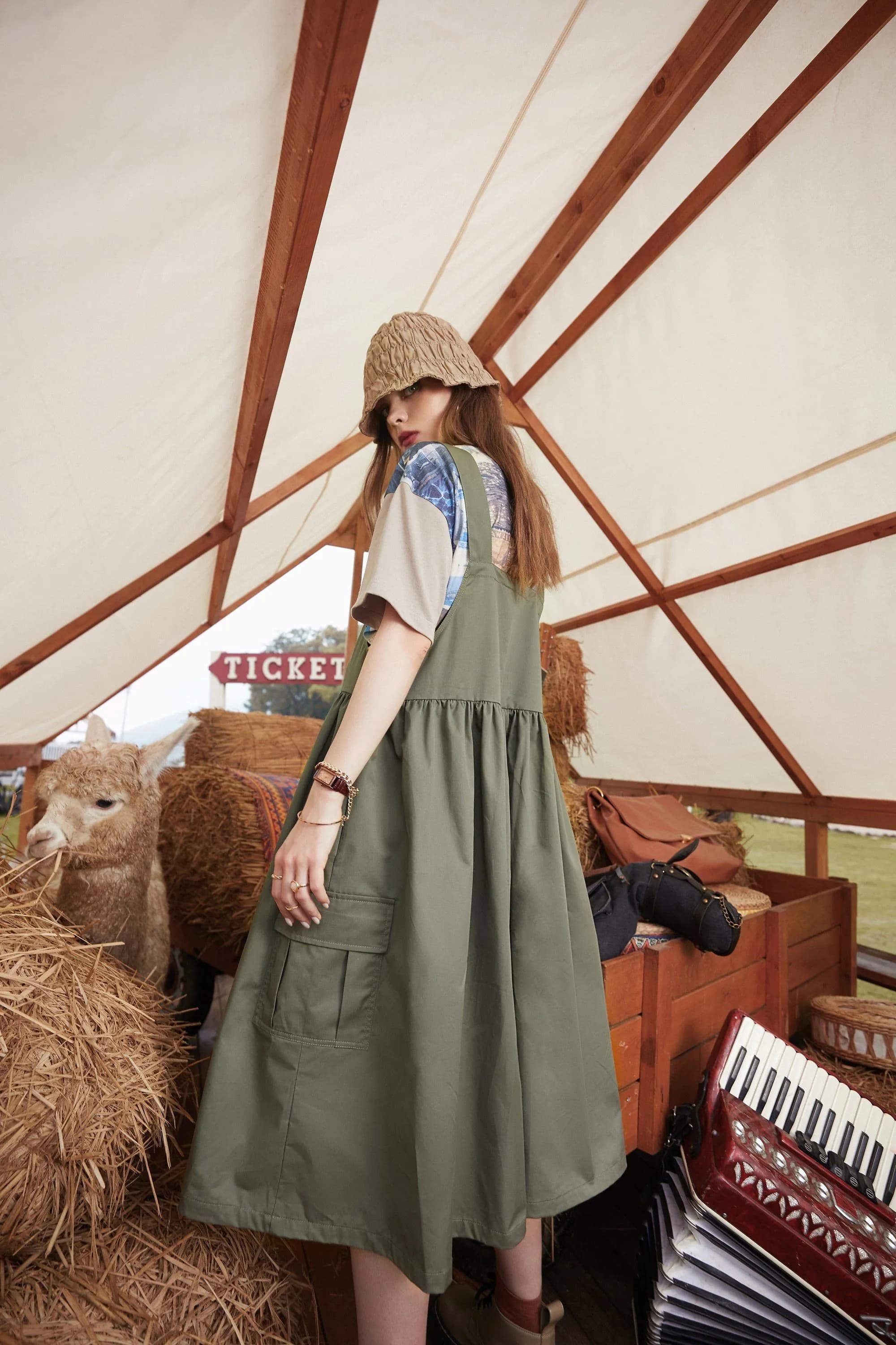 image-Army Green Letter High Waist Casual Vintage Overall Dresses Women