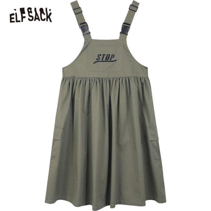 image-Army Green Letter High Waist Casual Vintage Overall Dresses Women