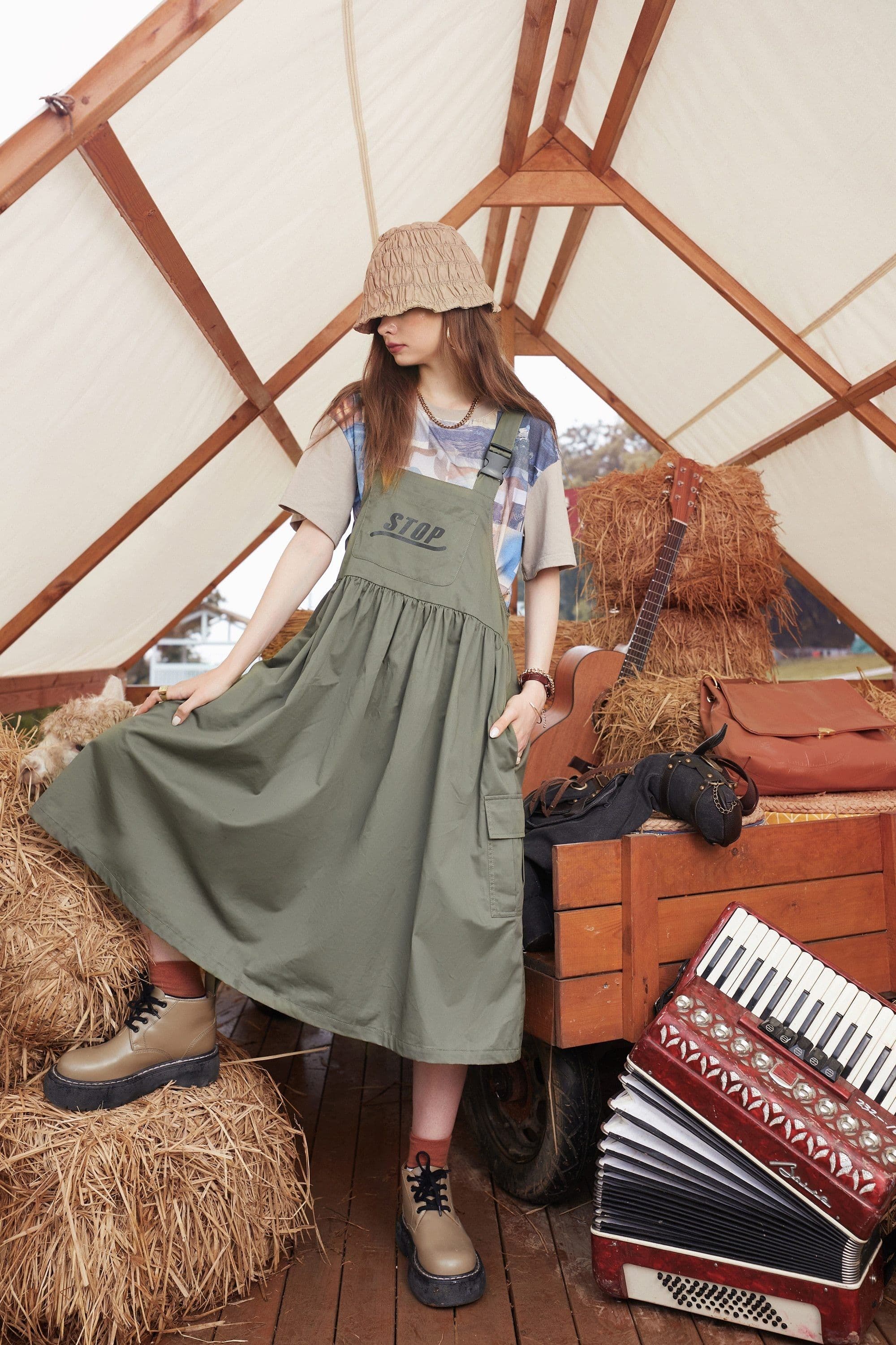 image-Army Green Letter High Waist Casual Vintage Overall Dresses Women