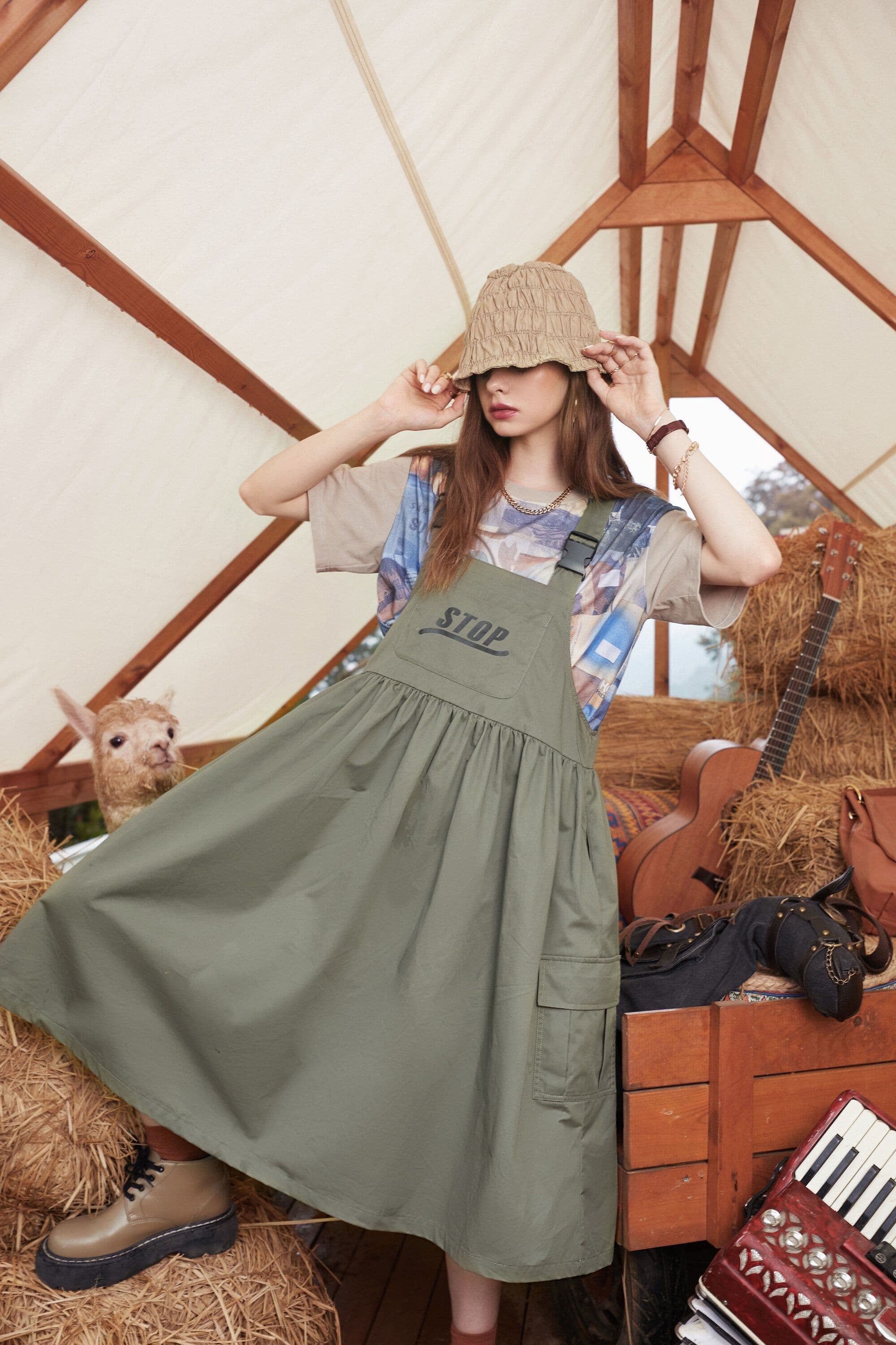 image-Army Green Letter High Waist Casual Vintage Overall Dresses Women