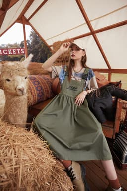image-Army Green Letter High Waist Casual Vintage Overall Dresses Women