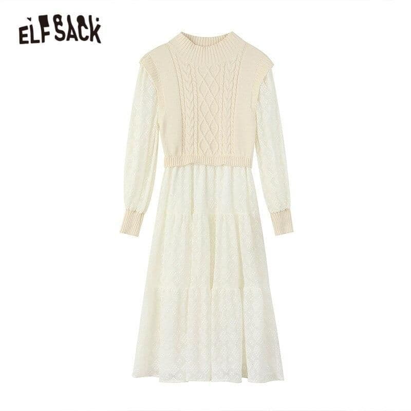 image-Solid Pure High Waist Casual Knit Midi Dress Women,Winter ELF Vintage
