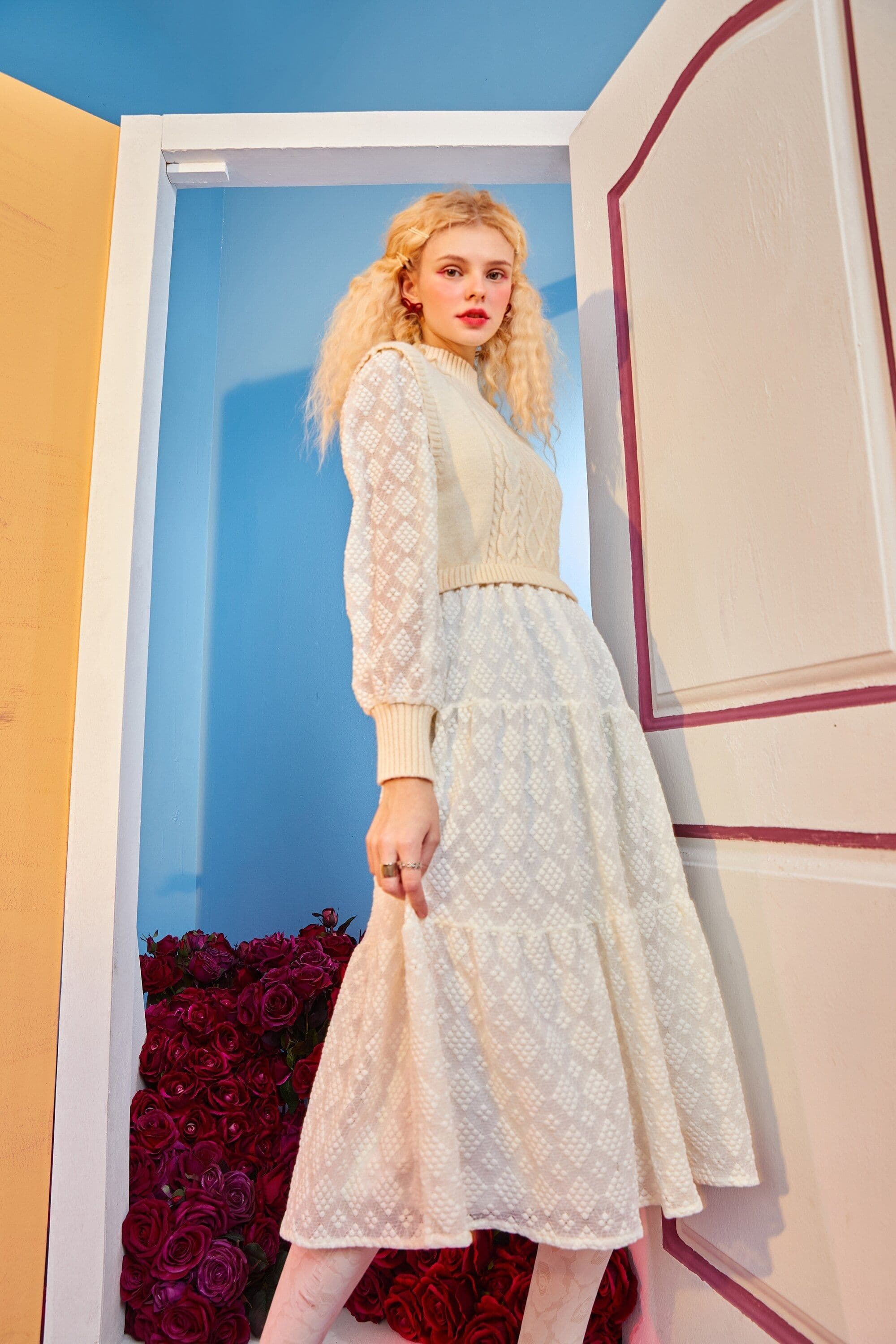 image-Solid Pure High Waist Casual Knit Midi Dress Women,Winter ELF Vintage