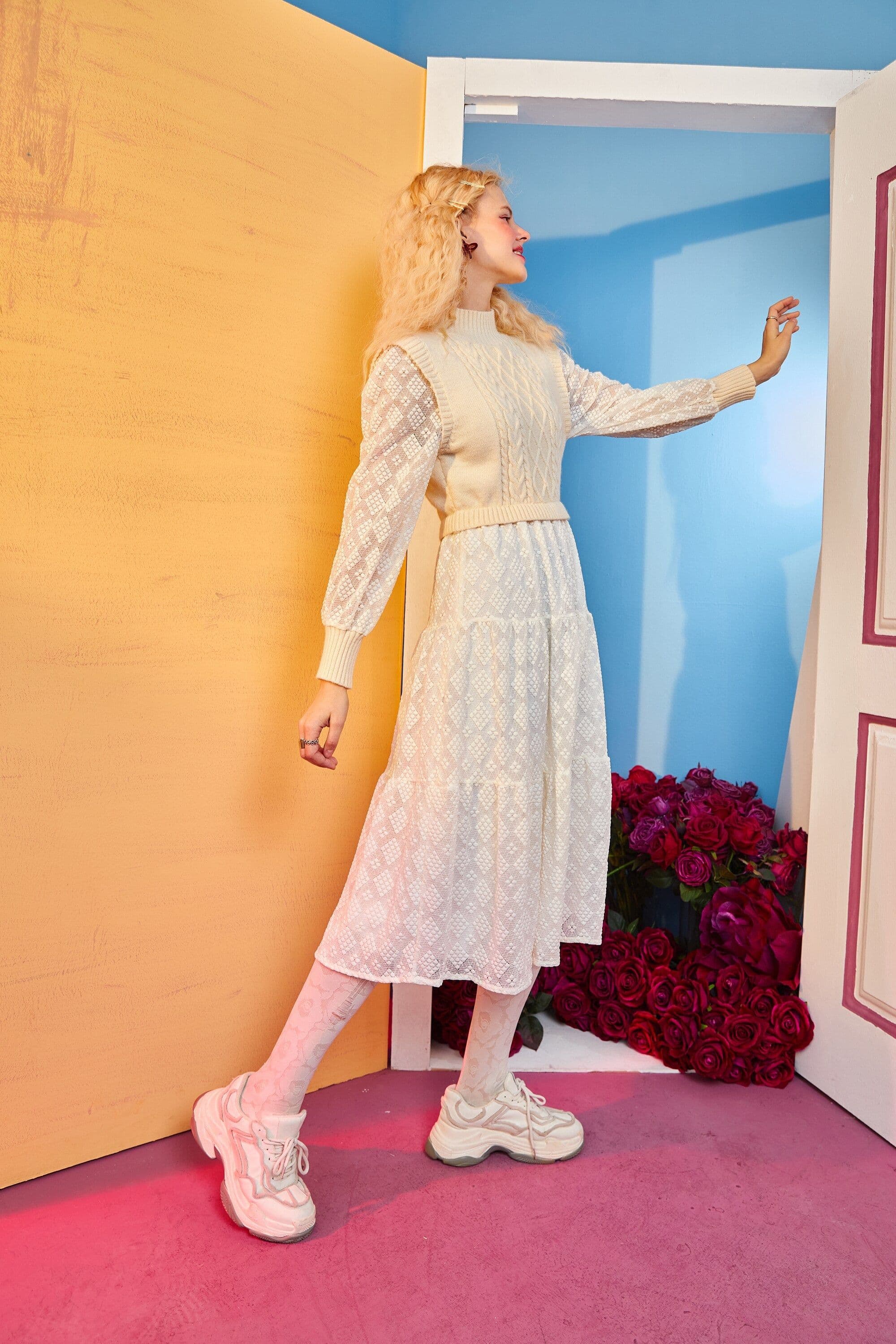image-Solid Pure High Waist Casual Knit Midi Dress Women,Winter ELF Vintage