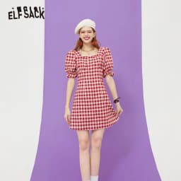 image-Plaid British Chic Casual Women Vintage Dress,Summer High Puff Sleeve