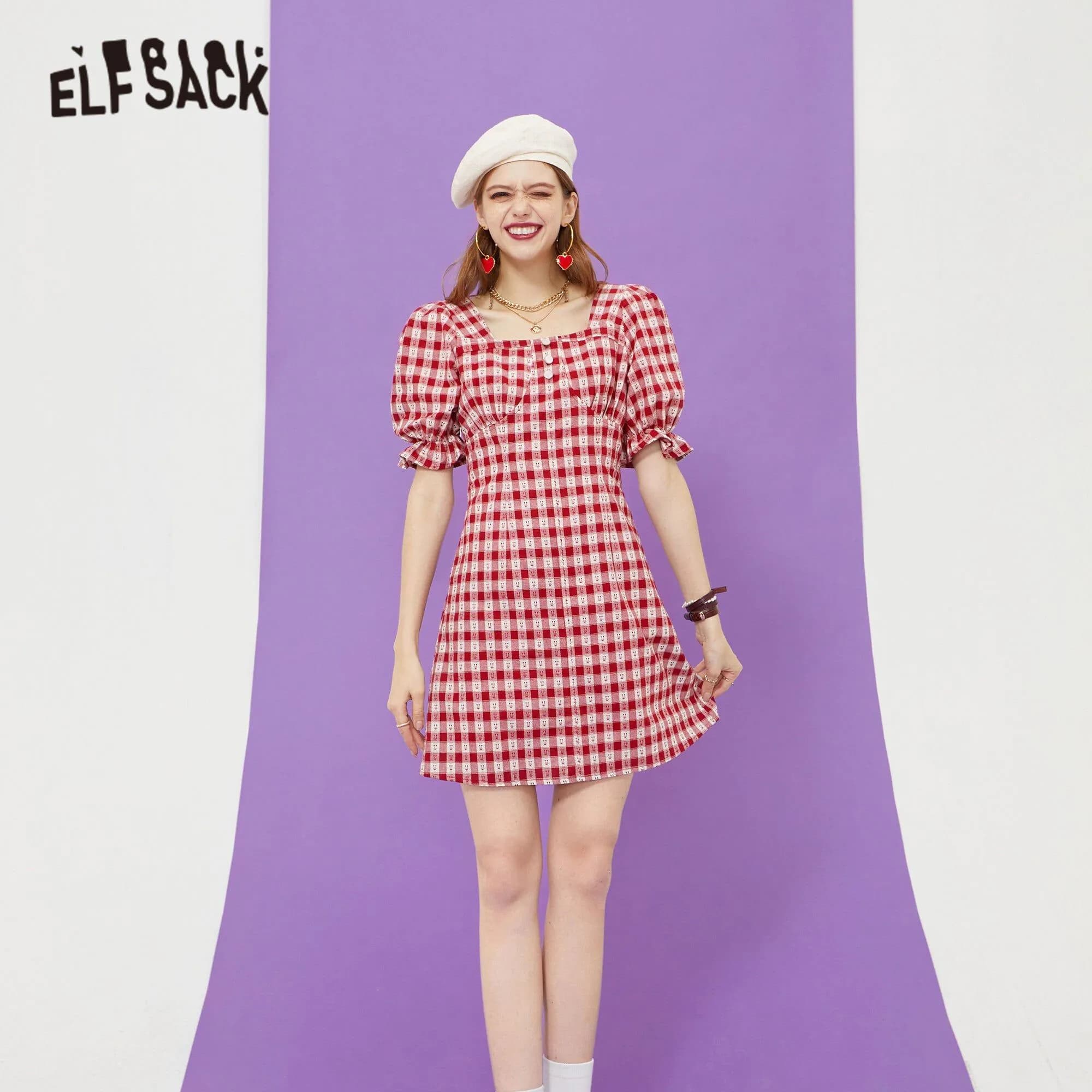 image-Plaid British Chic Casual Women Vintage Dress,Summer High Puff Sleeve