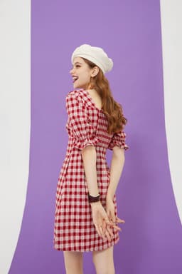 image-Plaid British Chic Casual Women Vintage Dress,Summer High Puff Sleeve