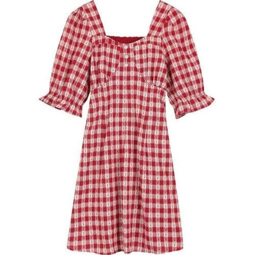 image-Plaid British Chic Casual Women Vintage Dress,Summer High Puff Sleeve
