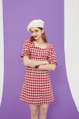 image-Plaid British Chic Casual Women Vintage Dress,Summer High Puff Sleeve