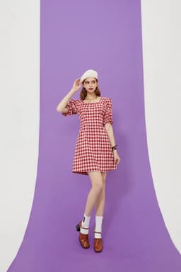 image-Plaid British Chic Casual Women Vintage Dress,Summer High Puff Sleeve