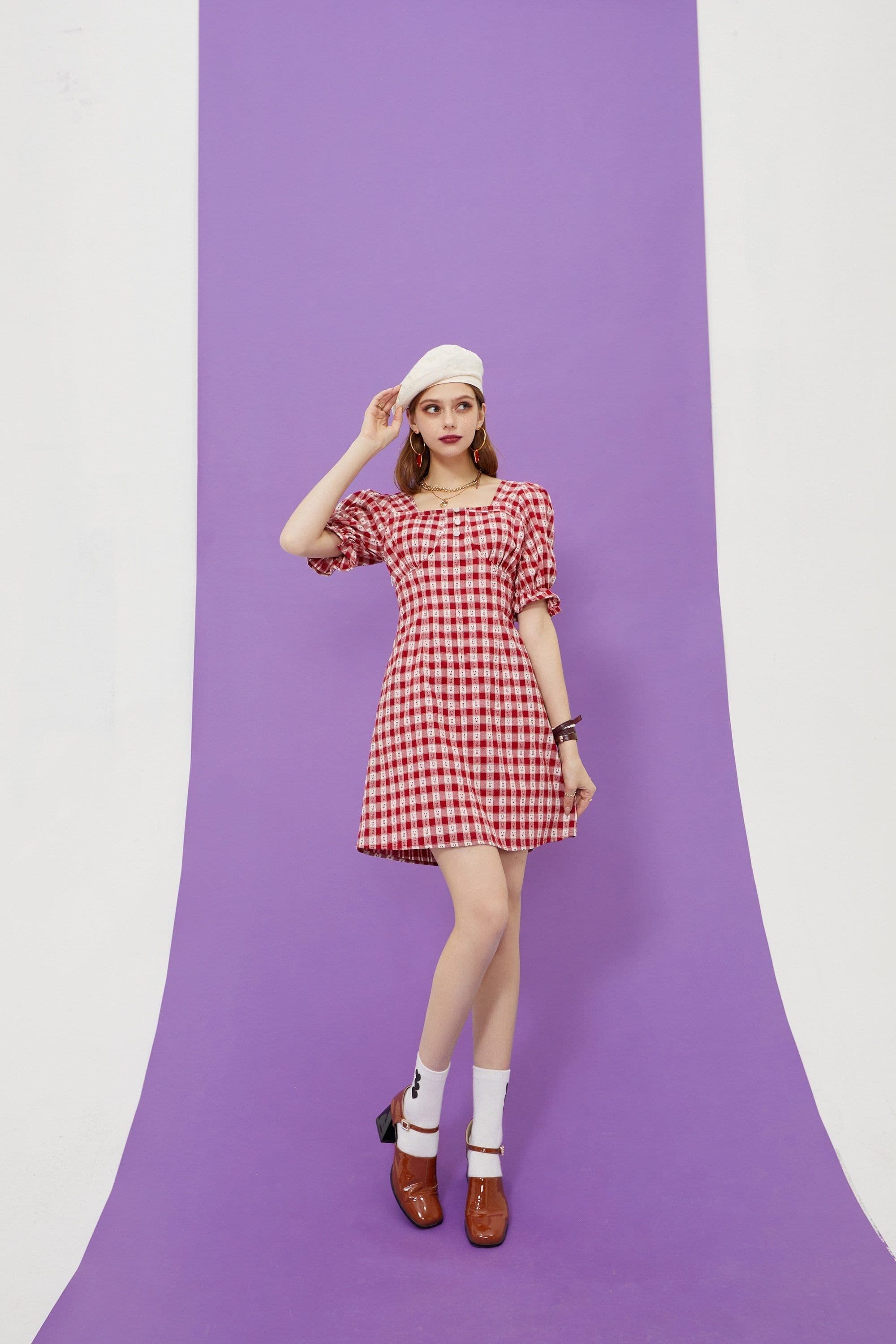 image-Plaid British Chic Casual Women Vintage Dress,Summer High Puff Sleeve