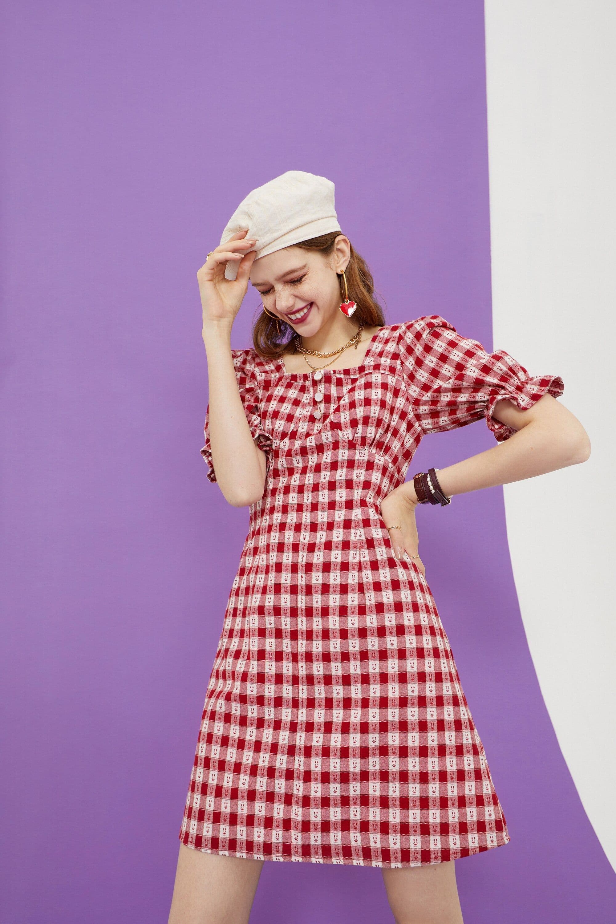 image-Plaid British Chic Casual Women Vintage Dress,Summer High Puff Sleeve