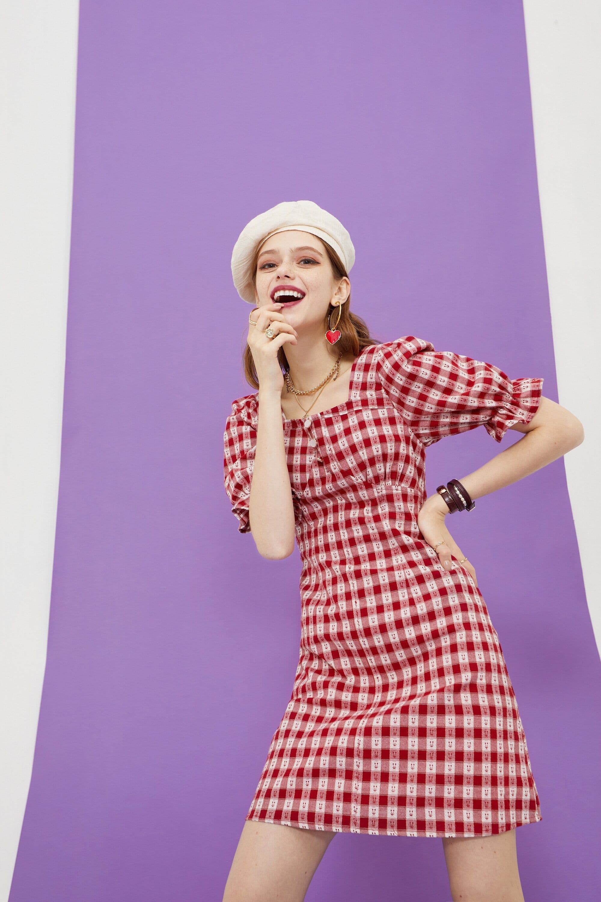 image-Plaid British Chic Casual Women Vintage Dress,Summer High Puff Sleeve