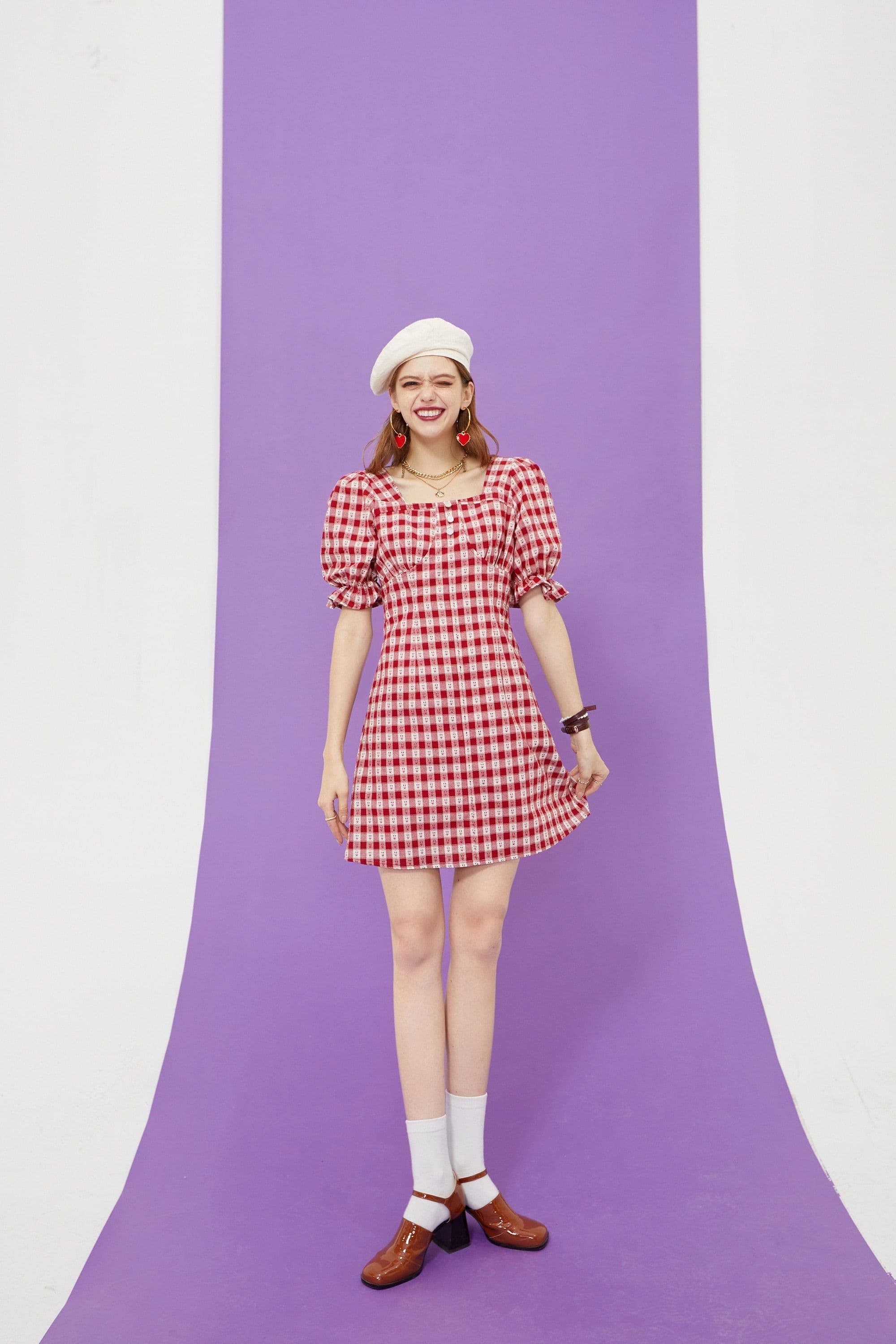 image-Plaid British Chic Casual Women Vintage Dress,Summer High Puff Sleeve