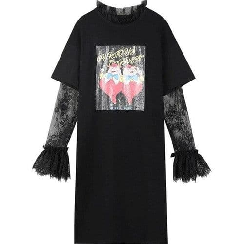 image-Cartoon Graphic Contrast Lace High Waist Casual Dress Women ,Summer