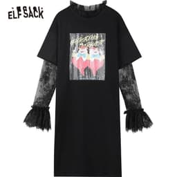 image-Cartoon Graphic Contrast Lace High Waist Casual Dress Women ,Summer