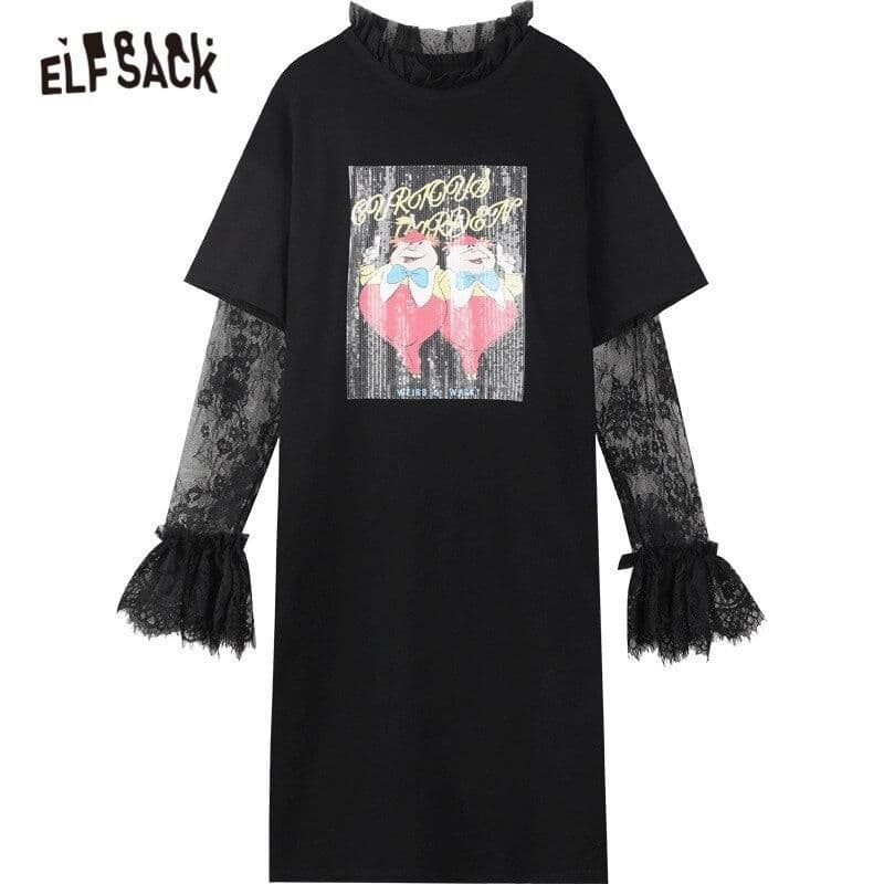 image-Cartoon Graphic Contrast Lace High Waist Casual Dress Women ,Summer
