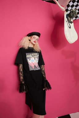 image-Cartoon Graphic Contrast Lace High Waist Casual Dress Women ,Summer