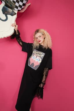 image-Cartoon Graphic Contrast Lace High Waist Casual Dress Women ,Summer