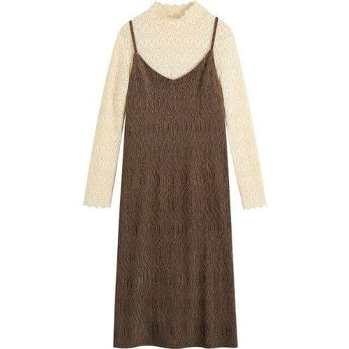 image-Solid Pure Contrast lace Casual Dress Women Fake 2 Pieces Sets,Spring
