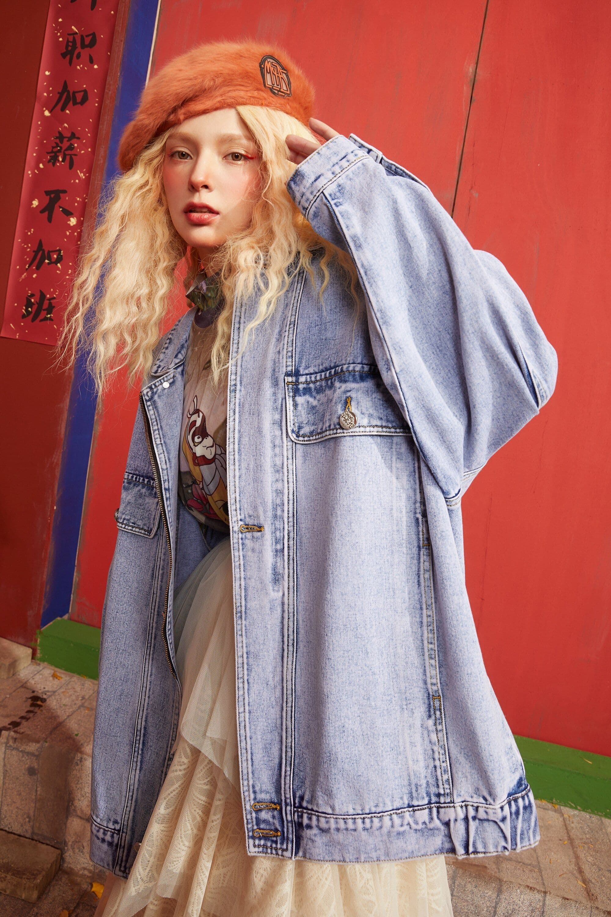 image-Cartoon Print Single Breasted Oversize Women Denim Jacket,Spring ELF
