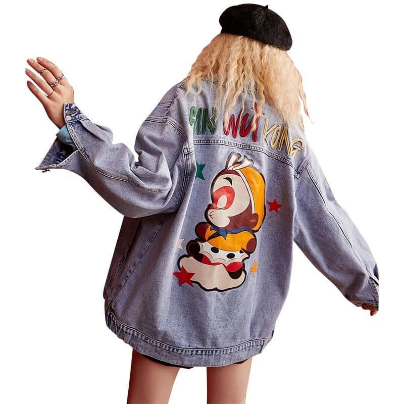 image-Cartoon Print Single Breasted Oversize Women Denim Jacket,Spring ELF