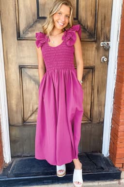 image-Rose Red Maxi Dress - Ruffled Straps, Smocked Ruched, Sizes S-XL