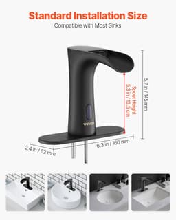 image-VEVOR Touchless Bathroom Sink Faucet, Automatic Motion Sensor Waterfall Restroom Toilet Faucet with Hole Cover Plate, Modern Electronic Sensor Hot/Cold Water for 9/16 in Pipe Commercial,Matte Black