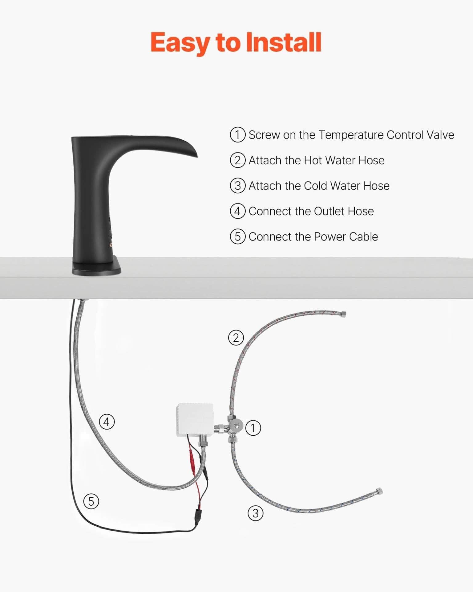 image-VEVOR Touchless Bathroom Sink Faucet, Automatic Motion Sensor Waterfall Restroom Toilet Faucet with Hole Cover Plate, Modern Electronic Sensor Hot/Cold Water for 9/16 in Pipe Commercial,Matte Black