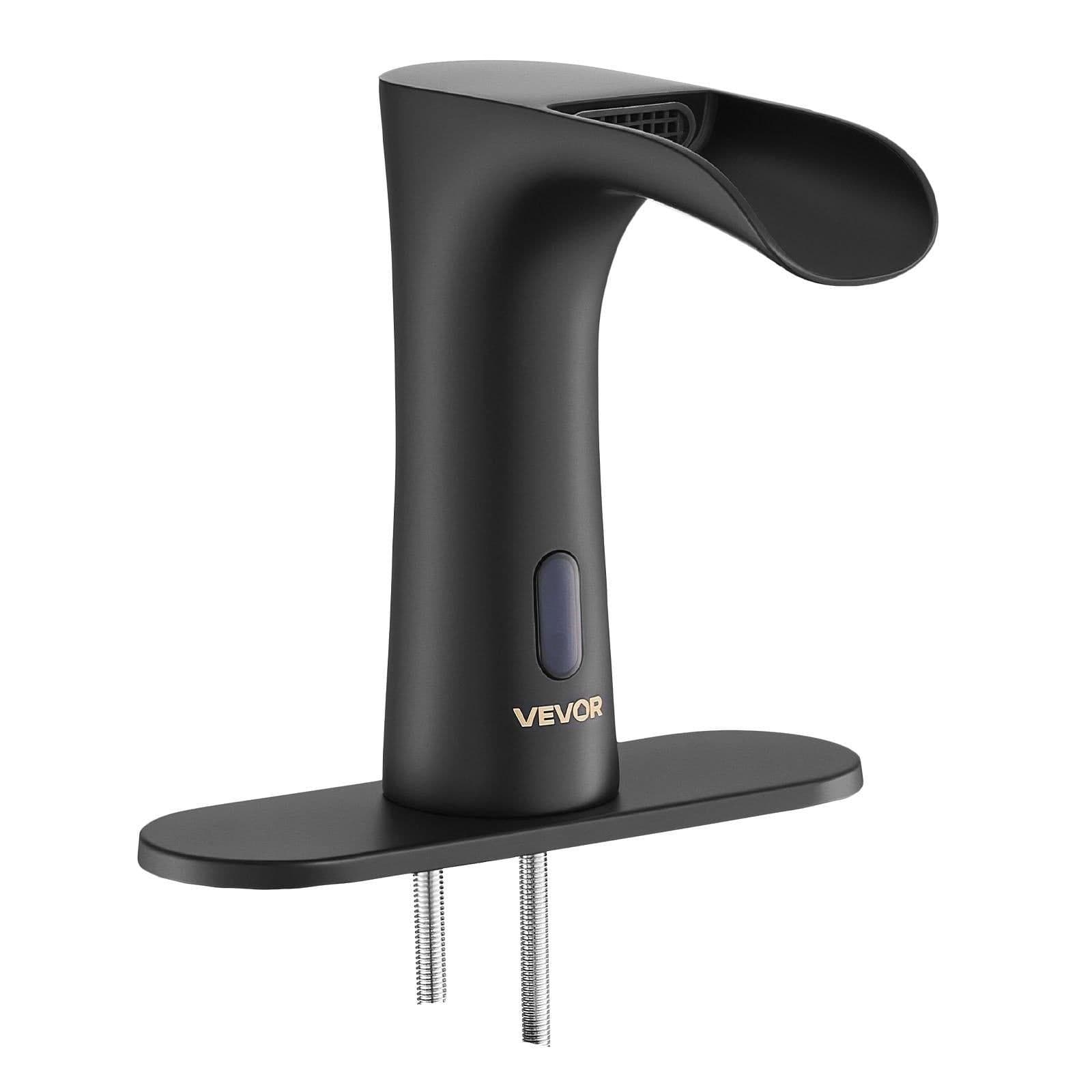 image-VEVOR Touchless Bathroom Sink Faucet, Automatic Motion Sensor Waterfall Restroom Toilet Faucet with Hole Cover Plate, Modern Electronic Sensor Hot/Cold Water for 9/16 in Pipe Commercial,Matte Black