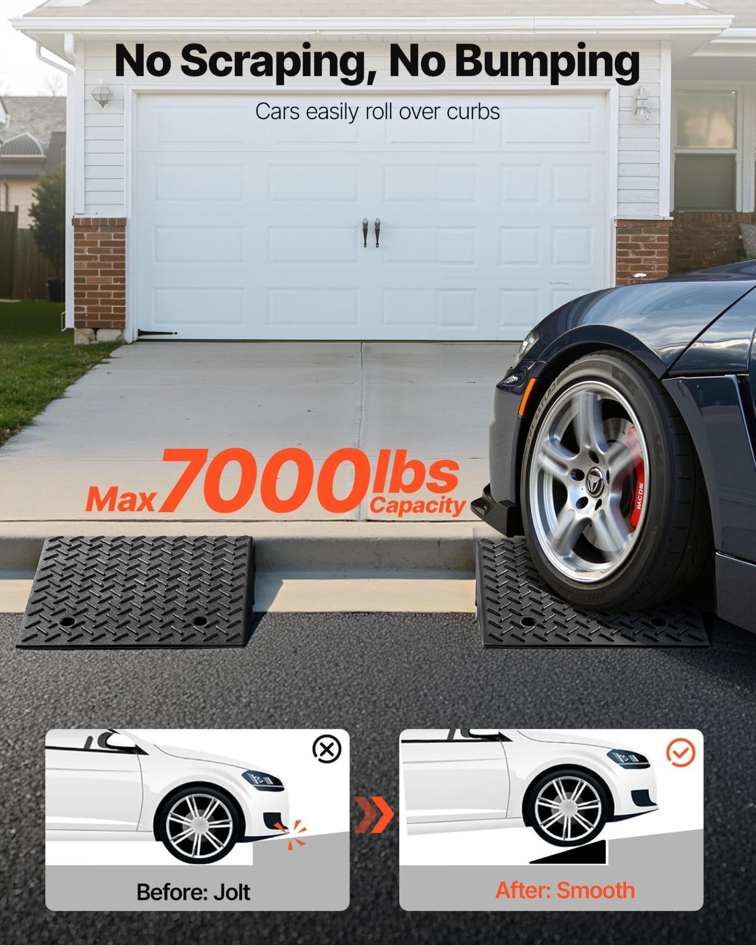 image-VEVOR Driveway Curb Ramp, 7000 lbs Load Capacity, 7 Inches Rise Height Heavy Duty Curbside Bridge Ramp with Drainage Tank for Wheelchairs, Strollers, Motorcycles, Cars, Lawn Mowers & Trailers, 2 Pack