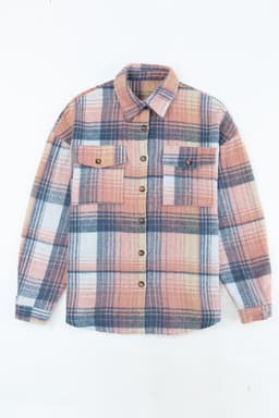image-Shacket with Pink/Black Plaid Flap Pockets - Chic Style, Loose Fit (65 characters)