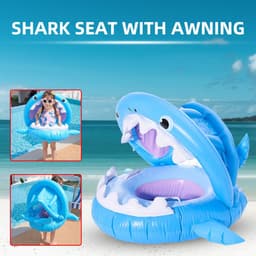 image-Inflatable Swimming Ring For Kids With Awning Shark Seat