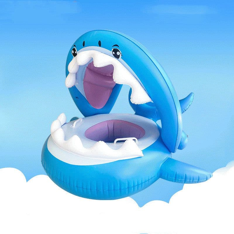 image-Inflatable Swimming Ring For Kids With Awning Shark Seat