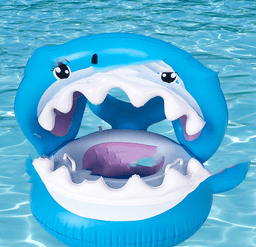 image-Inflatable Swimming Ring For Kids With Awning Shark Seat