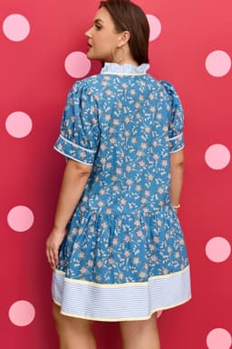 image-Blue Plus Size Floral Print Striped Patchwork Detail Button Front Ruffle Hem Dress